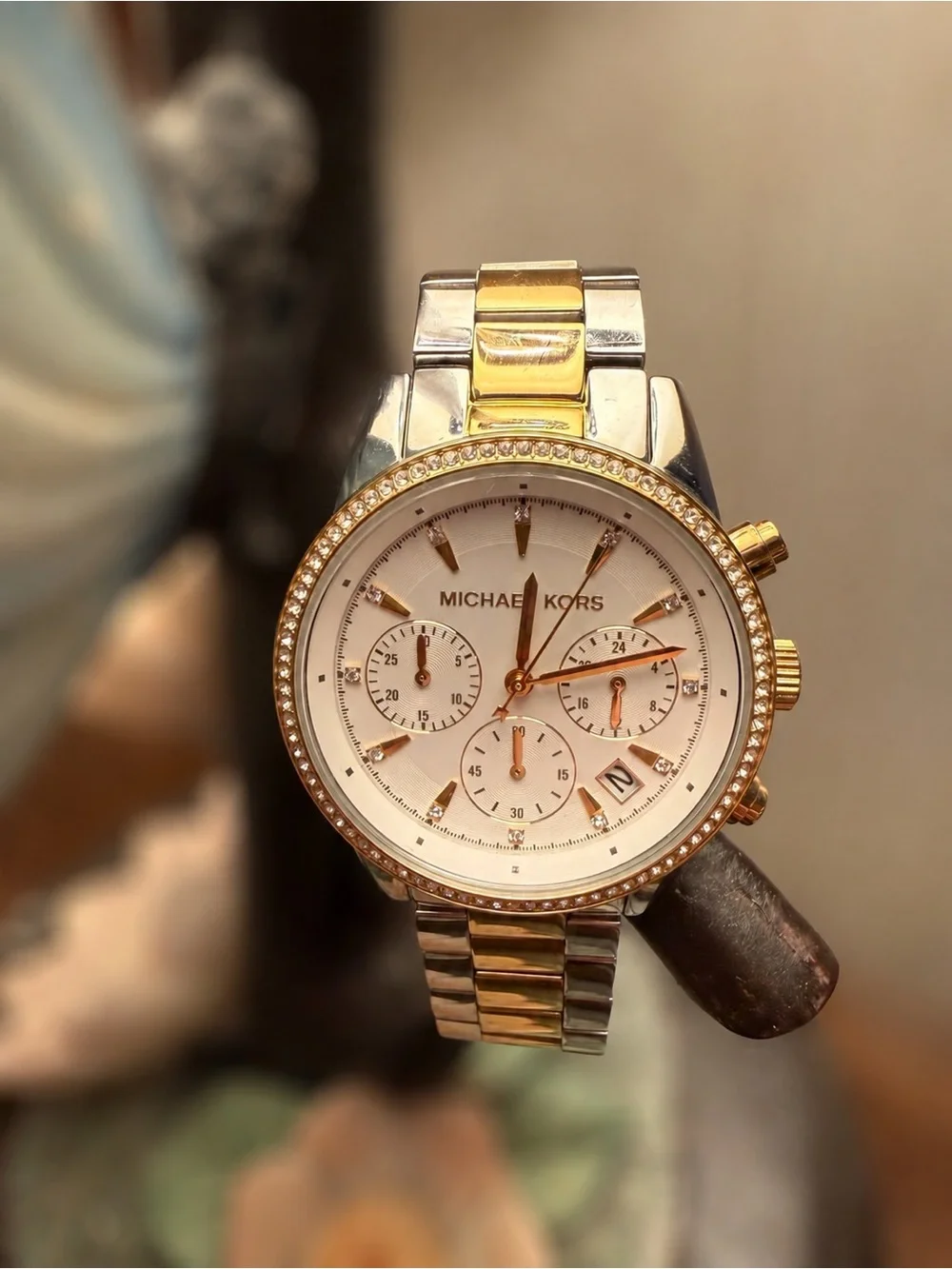 Michael Kors Two-Tone Gold and Silver Crystal-Set Chronograph Watch